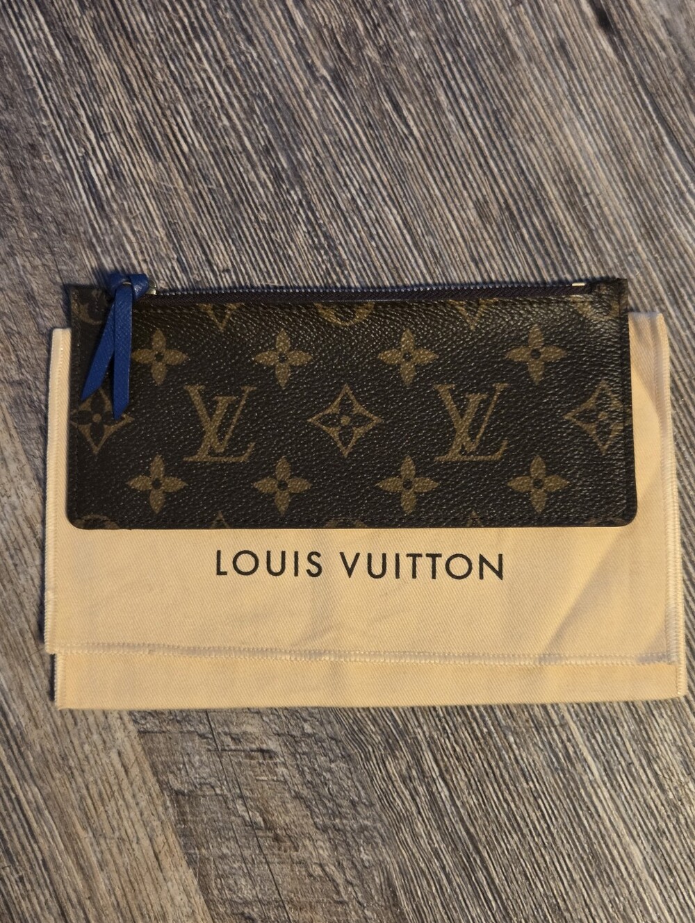 LOUIS VUITTON LV Monogram And Dust Bag Pouch Zipper Closure Blue Pull Beautiful